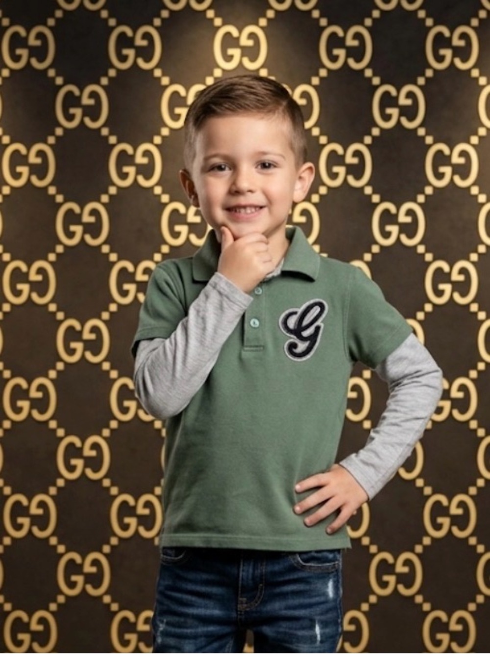Authentic Gucci luxury designer boys Signature Polo with long sleeves Sz 6